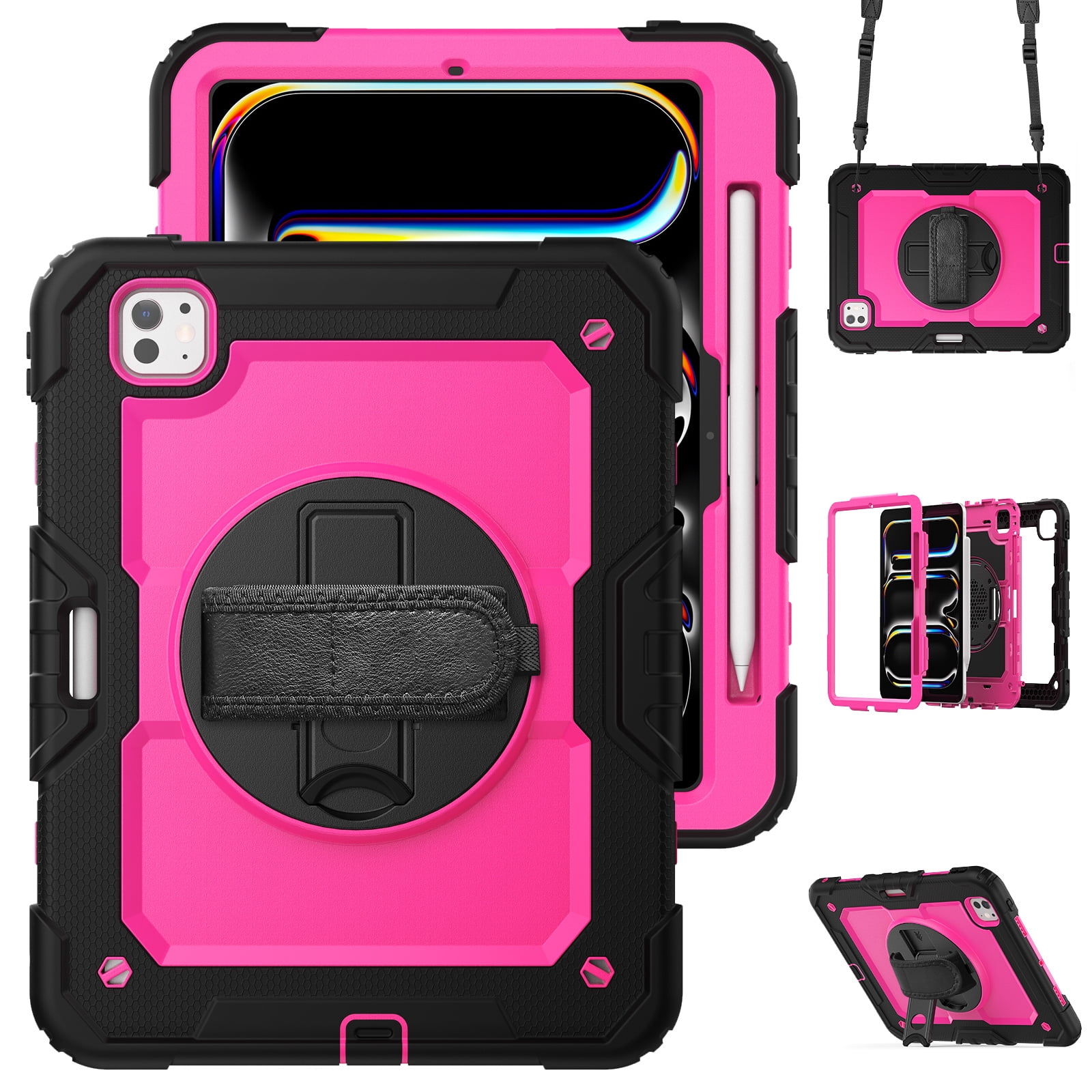 XYX For iPad Pro 11 inch Case 2024 (M4), 360 Rotating Shockproof Cover with Stand, Screen Protector, Shoulder Strap, Rose PC