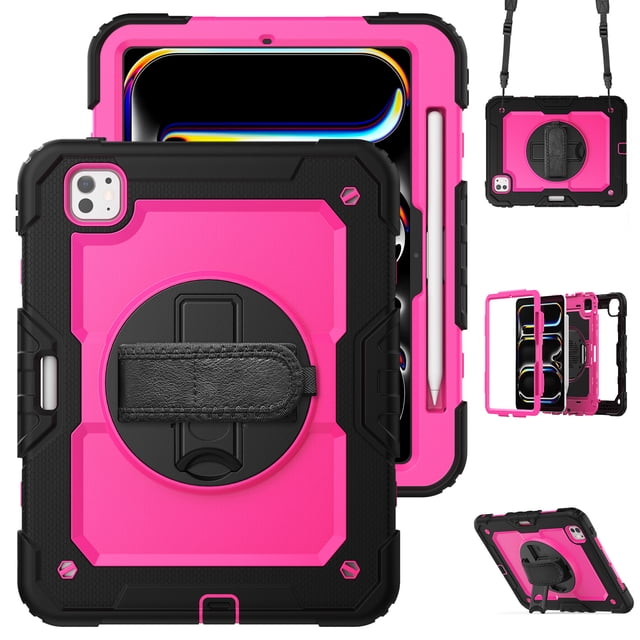 XYX For iPad Pro 11 inch Case 2024 (M4), 360 Rotating Shockproof Cover with Stand, Screen Protector, Shoulder Strap, Rose PC
