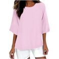 thumbnail image 3 of QATAINLAV Ventes du Prime Day, T-Shirts Surdimensionnés pour Femmes Manches 3/4 Col Ras du Cou Hauts Décontractés Amples T-Shirts Basiques Blouse en Coton et Lin Tenues Tendance Été 2025 Rose P, 3 of 5
