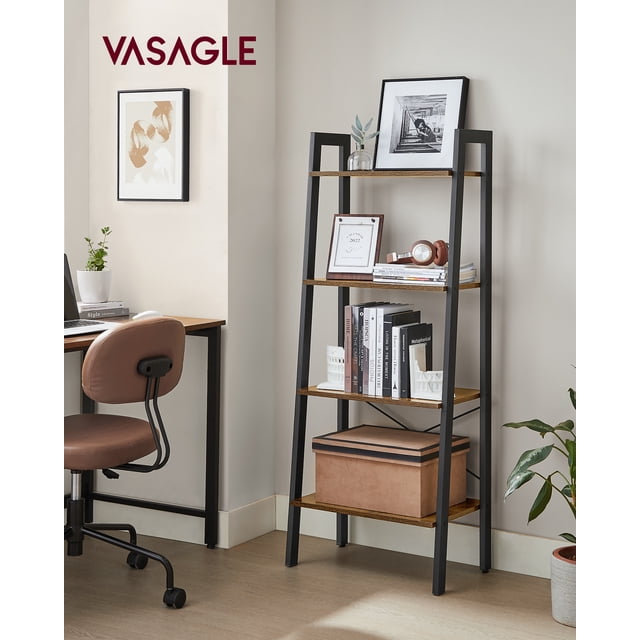 VASAGLE Ladder Shelf, 4-tier bookshelf and storage rack with a rustic brown particleboard finish and black steel frame, featuring X-brace support, adjustable feet, and an anti-tip kit. Displayed in a modern home office, it holds books, decor items, and a storage box, showcasing its compact design and versatile use.
