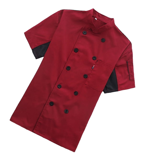 Chef Coat Short Sleeve with Buttons Pockets Cook Jacket Chic Cooking Work Wear Uniform Costume for Restaurant Hotel Cafe Kitchen Red L