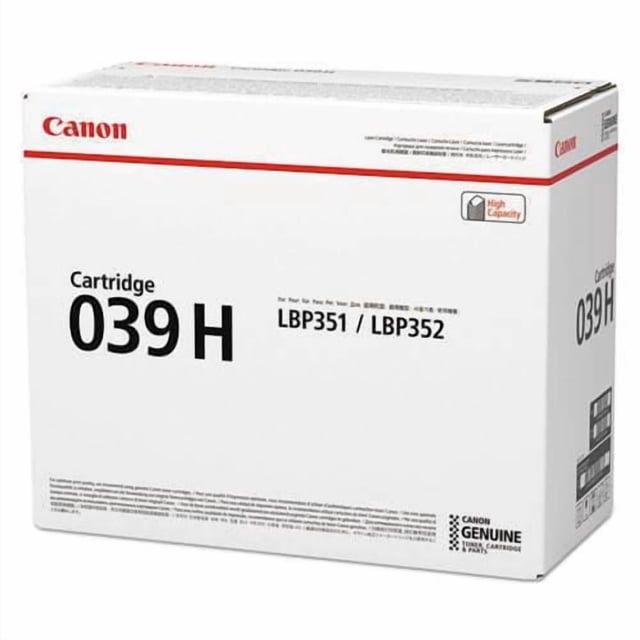 Canon 039H High Capacity Toner Cartridge box for LBP351 and LBP352 printers, white packaging with red Canon logo and black text, featuring genuine Canon toner branding and high capacity label, suitable for reliable cartridge replacement.