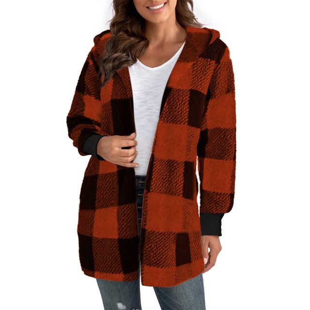 aohooy Womens Plaid Fluffy Jacket - Hooded Zip Up Oversized Warm with Pockets Winter Comfort Red,M