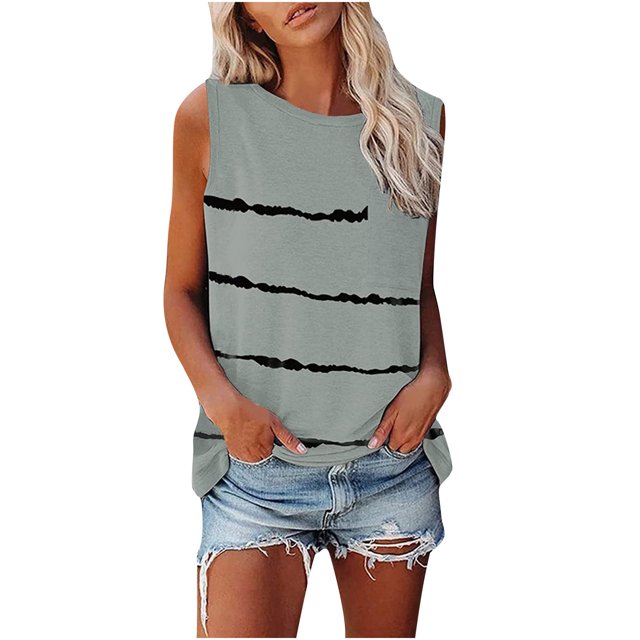 Fridja Hauts Décontractés Sans Manches à Col Rond Imprimés pour Femmes avec Poches T-shirt Blouse