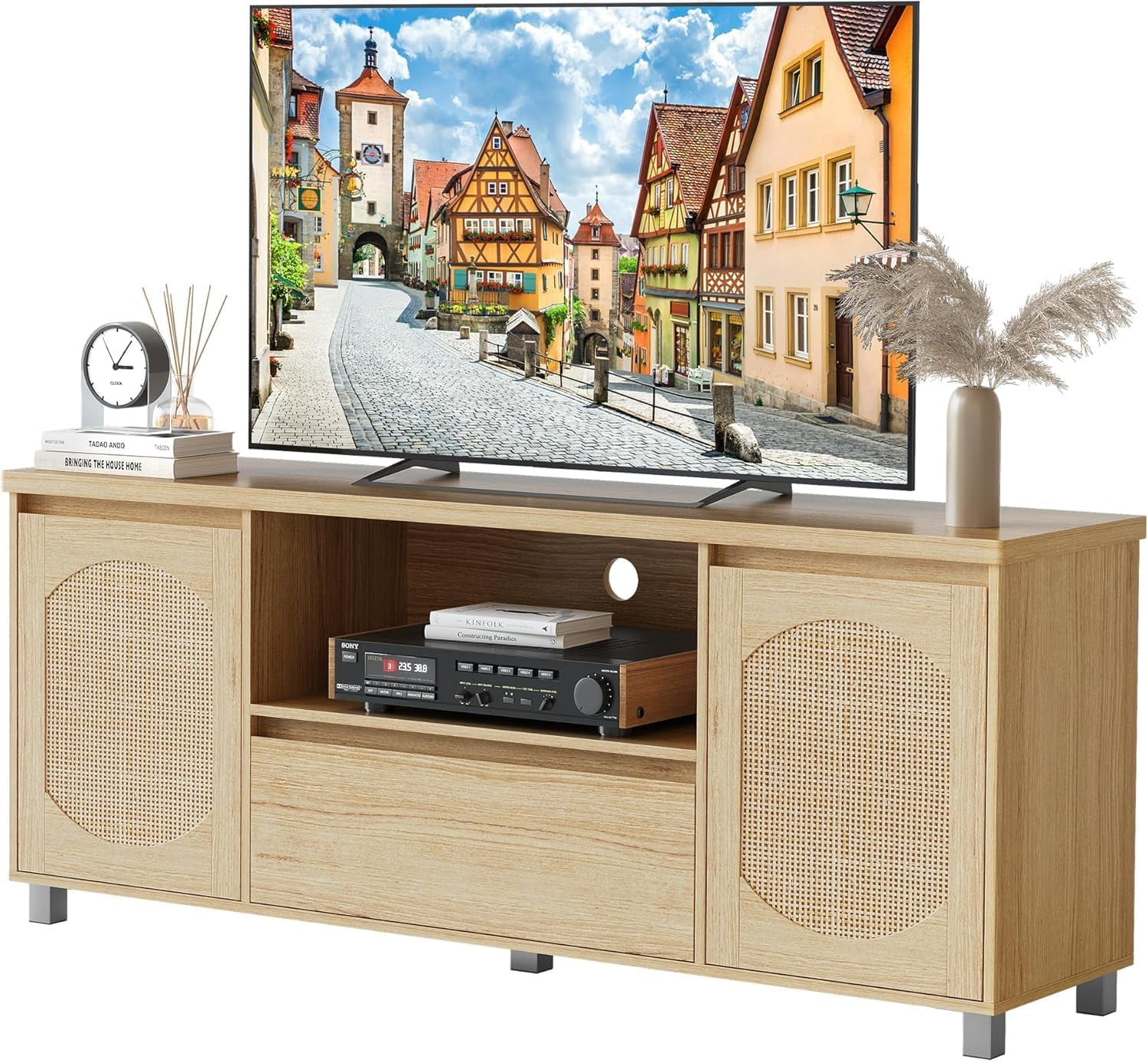 GloryStar Entertainment TV Stand with Rattan Design, Adjustable Shelf and Drawer, Suitable for Up to 70" TVs in Bedroom or Living Room