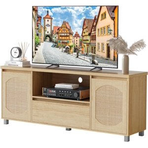 GloryStar Divertissement TV Support avec design de rotin, plateau réglable et tiroir, adapté pour jusqu'à 70" TV dans la chambre ou le salon