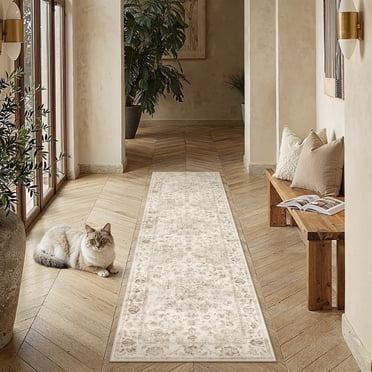BERTHMEER 2'x8' Runner Rugs for Hallway Entryway Bathroom Bedroom Kitchen Non Skid Washable Beige Vintage Oriental Traditional Runner Rugs