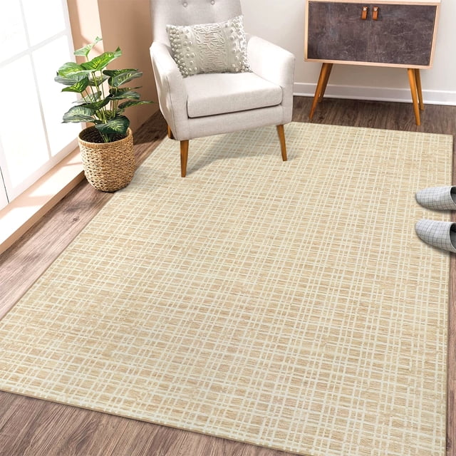 YUSAZENS 5 x 7 Washable Area Rugs for Living Room, Bedroom, Modern Plaid Non-Slip Rug, Farmhouse Throw Rug, Stain-Resistant, Soft Carpet for Home Decor Yellow