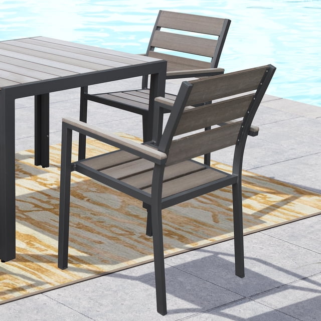 CorLiving Gallant Aluminum and Poly-Wood Slatted Outdoor Dining Chairs, Charcoal Grey (Set of 2)