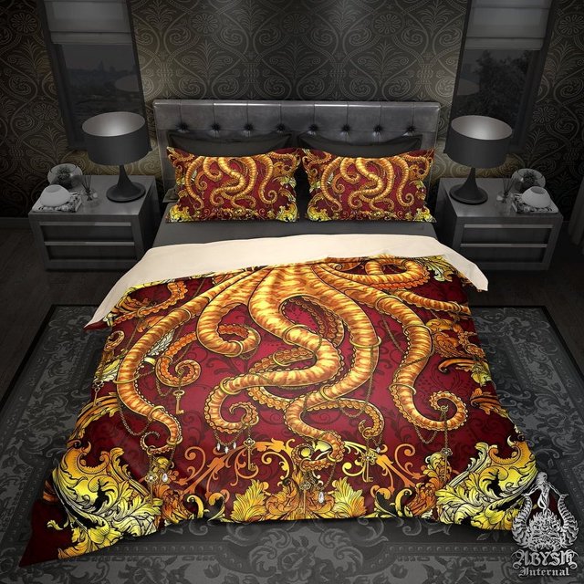 Gold Tentacles Bed Cover, Duvet or Comforter, Octopus Art, Alternative Bedding