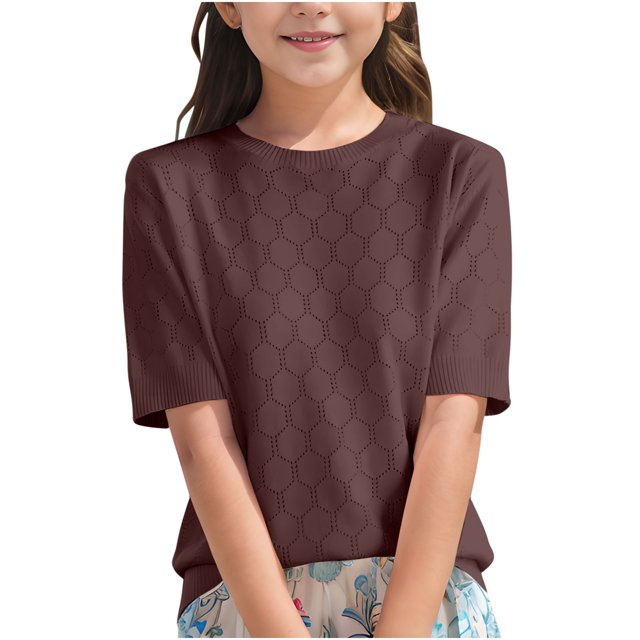 T-Shirts pour Filles Coupe Ample Col Rond Basique Blouses d'Été pour Enfants 6-14 Ans