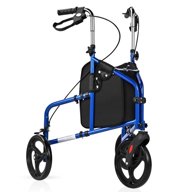 Déambulateur à 3 Roues Pliant Walker avec Roues Rotatives de 7 Pouces, Commande de Frein, Poignées à Hauteur Réglable et Conception Pliable. Comprend un Cadre en Aluminium Bleu, un Sac de Rangement Noir et des Freins à Double Usage pour la Stabilité et la Sécurité. Aide à la Mobilité Idéale pour les Aînés d'Une Capacité de 220 Lb.