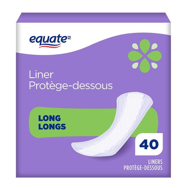 Equate Light Absorbency Long Pantiliner Unscented 40 Count box with purple and green packaging, showing a white contoured panty liner designed for feminine care protection and everyday light absorbency needs.