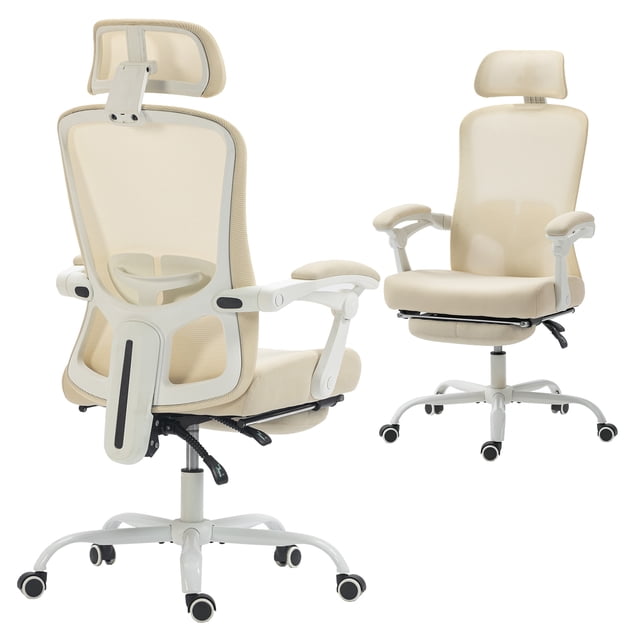 HOMCOM Chaise de Bureau Ergonomique, Chaise d'Ordinateur Inclinable en Maille beige, Idéale pour les Installations de Mobilier de Bureau. Comprend un Dossier et une Appuie-Tête en Maille Respirante, un Soutien Lombaire Ajustable, une Fonction d'Inclinaison avec Repose-Pieds et des Roulettes en PU Lisses. la Chaise a une base Robuste, une Hauteur de Siège Réglable et Supporte jusqu'à 265 Lb, la Rendant Adaptée aux Longues Journées de Travail.