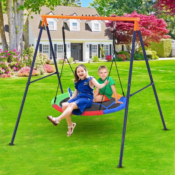 45" Saucer Swing with Stand for Backyard, Outdoor Toys for Kids, Heavy-Duty Metal Swing Sets with A-Frame and Adjustable Ropes, Holds 440 lbs