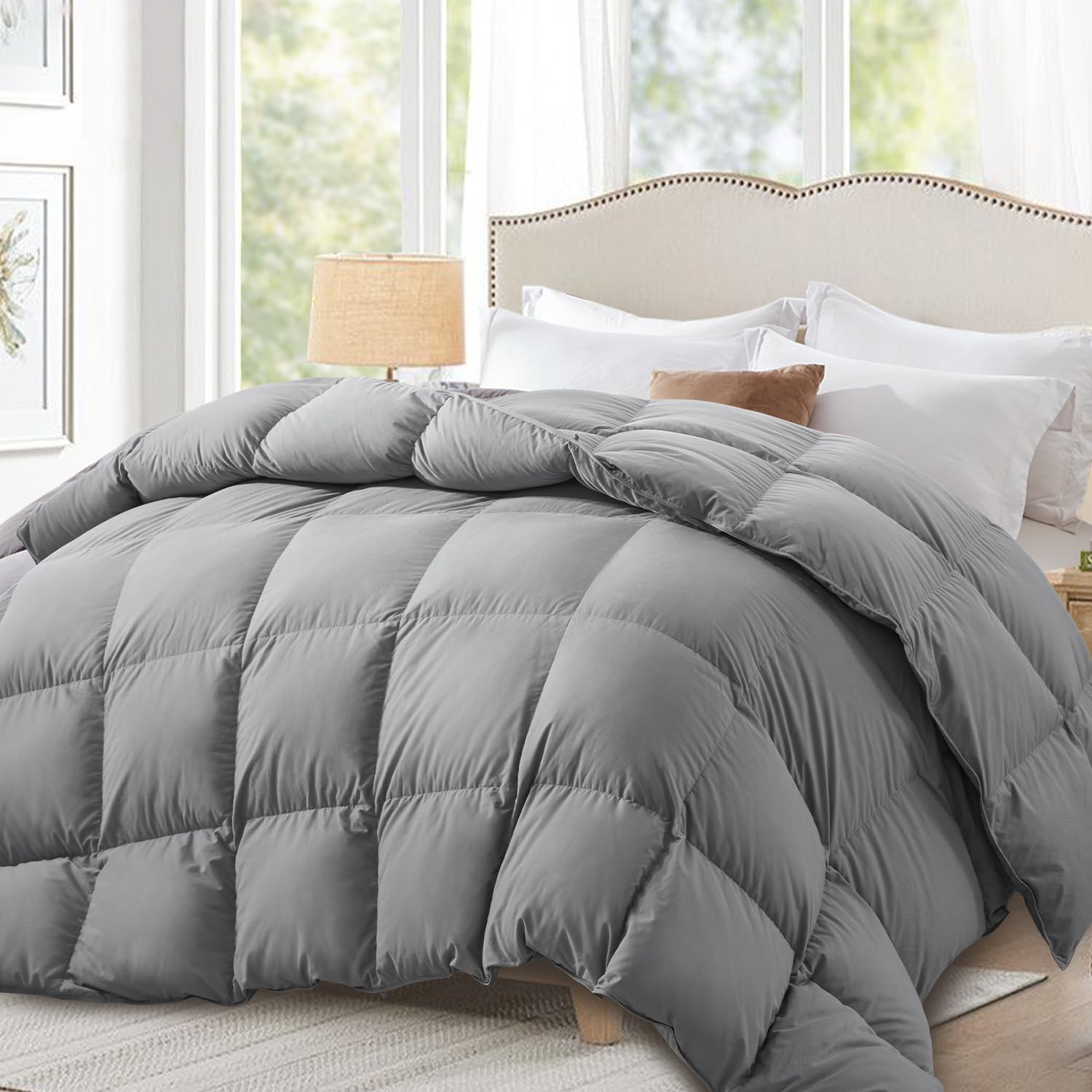 Globon Fluffy Down Comforter King Sizeï¼ŒAll Season Duvet Insertï¼ŒUltra-Soft Cotton Shell,680 Fill Power, Medium Warmth with Corner Tabs, Greyâ€¦