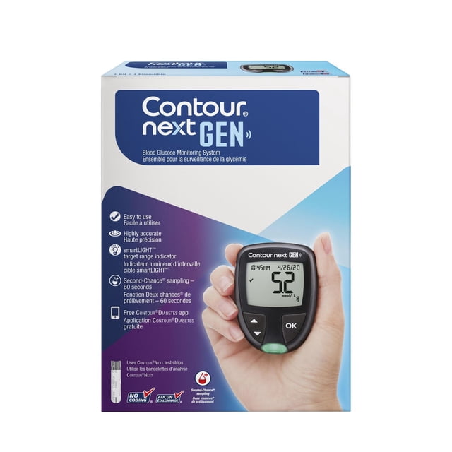 CONTOUR®NEXT GEN Blood Glucose Monitor box showing a hand holding the black smart meter with a digital display reading 5.2 mmol/L, featuring easy-to-use design, smartLIGHT target range indicator, Second-Chance sampling within 60 seconds, and free CONTOUR®DIABETES app compatibility for diabetes care.