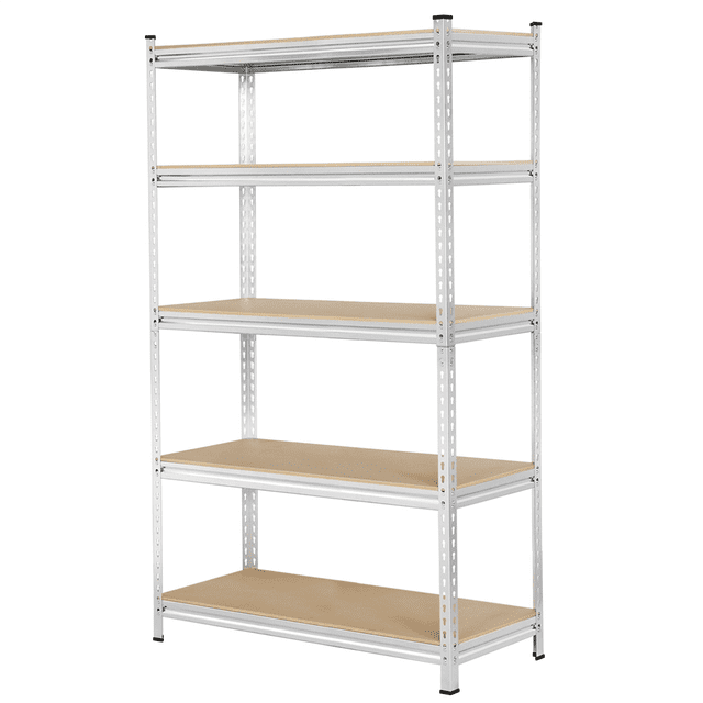Fullfurnique 73.5″ height 5 tiers adjustable boltless storage shelf in silver with solid steel frame and MDF shelves, featuring customizable shelf heights and plastic foot pads for floor protection, suitable for garage or home storage organization.