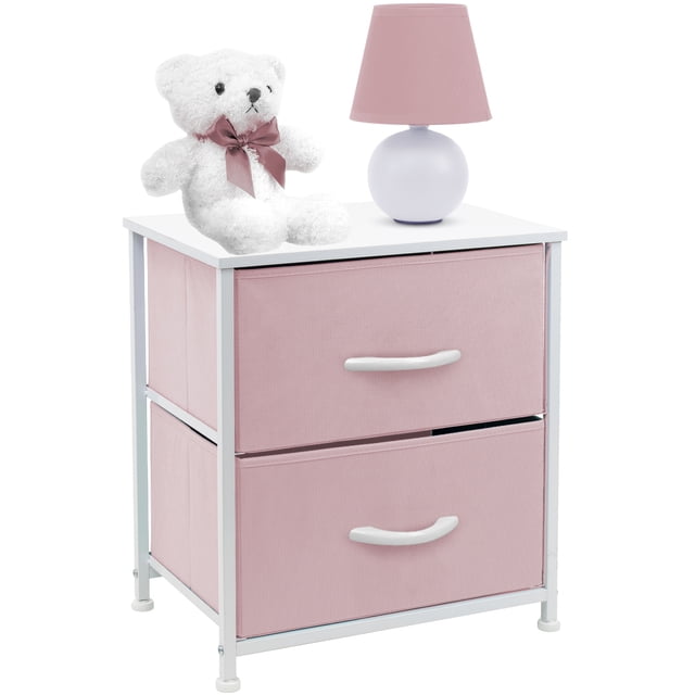 Sorbus 2 Drawers Nightstand Chest End-Table in pink, featuring a white MDF tabletop and two spacious fabric drawers with built-in handles. The lightweight steel frame provides durability, making it a practical storage solution for kids' bedrooms, nurseries, or playrooms. Accessories like a teddy bear and lamp are displayed on the tabletop.