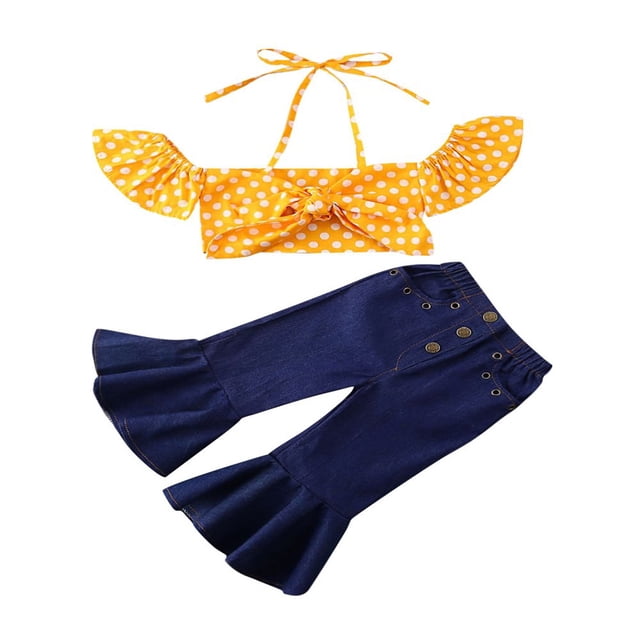 Toddler Girls Off Shoulder Crop Tops Destroyed Ripped Denim Jeans Long Pants
