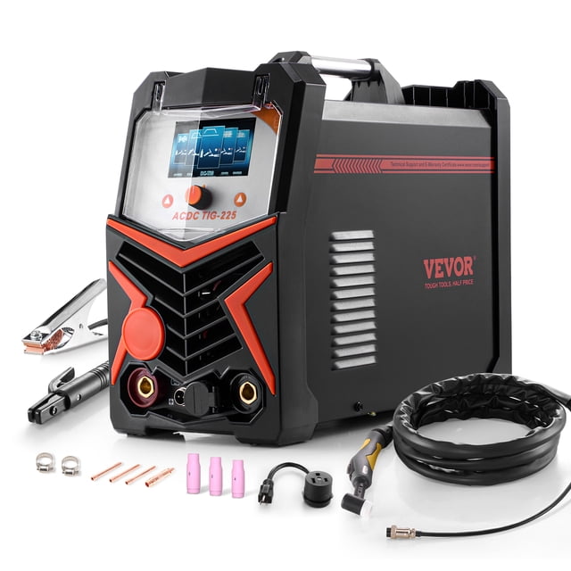 VEVOR TIG Welder 6-In-1 AC/DC Welding Machine with IGBT inverter technology, supporting AC TIG, DC TIG, AC Pulse TIG, DC Pulse TIG, MMA/Stick, and Spot TIG modes. The machine features a black and red design, smart LED display, ergonomic handle, and durable cold-rolled steel construction. Includes accessories such as a TIG welding torch, ground clamp, electrode holder, air hose, hose clamps, argon welding regulator, foot pedal, face mask, and conversion plug. Suitable for DIY projects, outdoor repairs, and aluminum welding tasks.