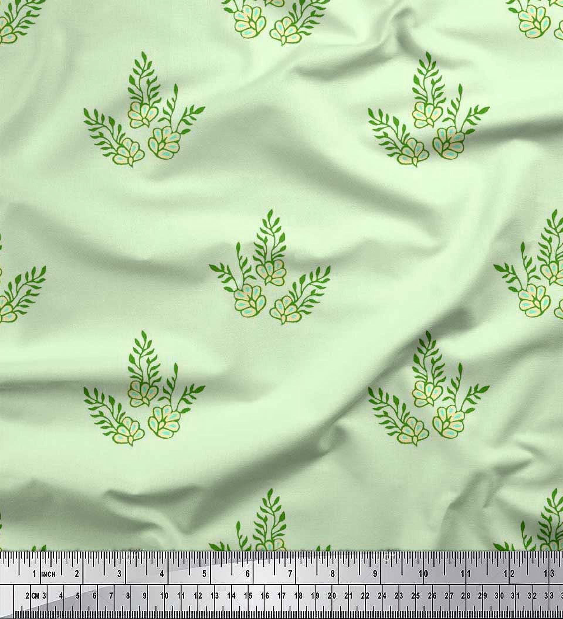Soimoi Silk Fabric Leaves & Floral Block Printed Fabric 1 Yard 42 Inch Wide