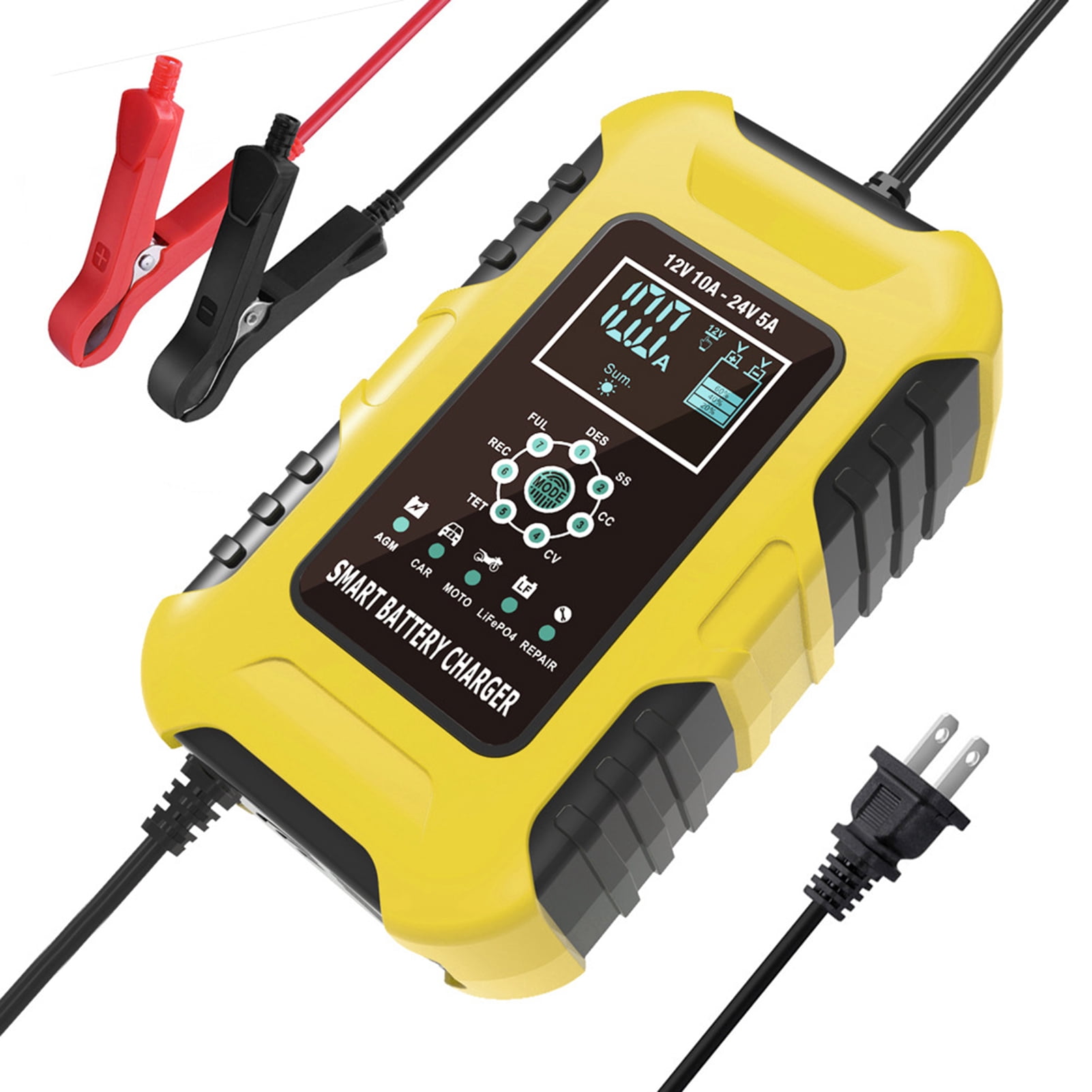 Yeacher Car Battery Charger, 12V/10A 24V/5A Intelligent Automatic Battery Charger, Battery Maintainer, Pulse Repair Trickle