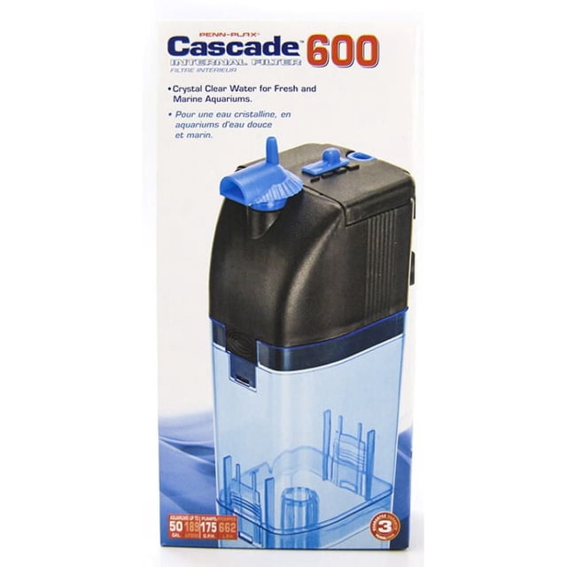 Penn-Plax Cascade 600 Filtre Interne en Emballage avec Dessus Noir et base Bleu Translucide, Conçu pour les aquariums Frais et Marins, avec Bec Verseur à Débit d'Eau Directionnel, filtration Biologique et Chimique, et Support de filtration Inclus pour Eau Claire.