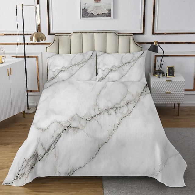 Ensemble de Couvre-Lit en Marbre Motif Pierre Ensemble de Courtepointe Blanc Gris Imprimé Marbre Ensemble de Dessus-de-Lit Style Rétro Design d'Art Ensemble de Lit Format Simple pour Enfants Ados Déco de Chambre, Gris