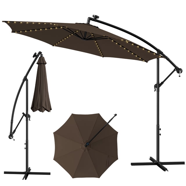 Costway Parasol Déporté de Patio 10 Pi à Énergie Solaire avec 112 DEL, Manivelle, Inclinaison, Extérieur