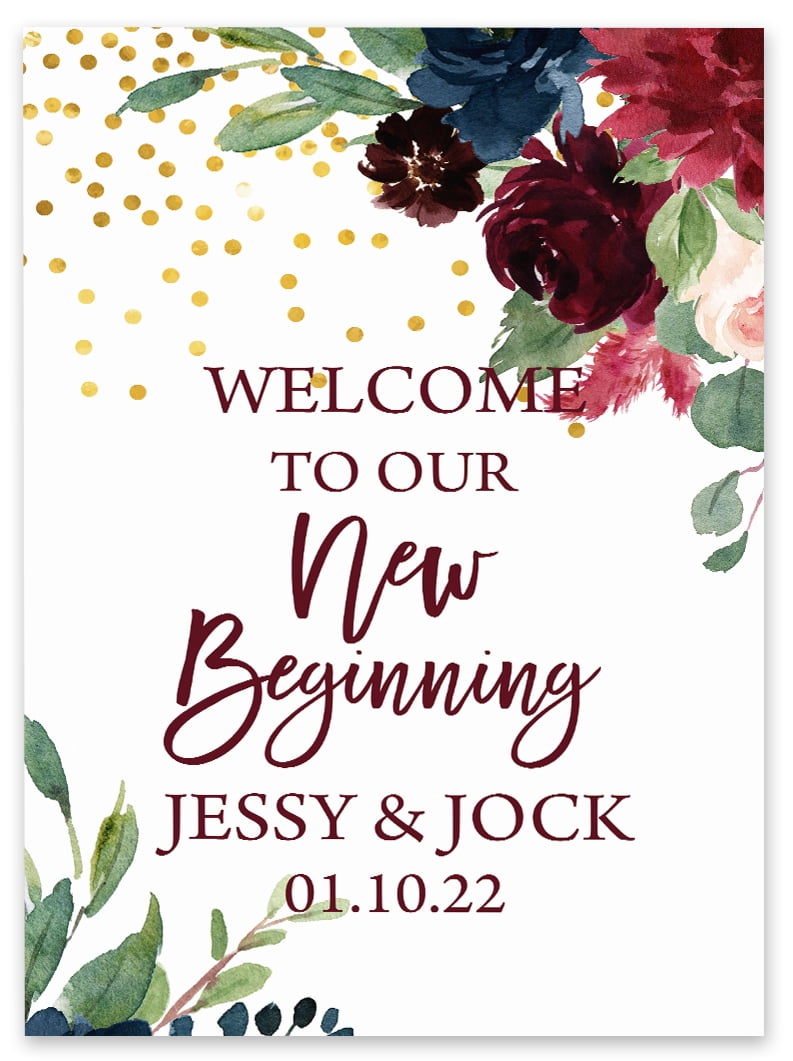 Darling Souvenir MADE WITH LOVE Personalized Welcome Sign/ Banner, Welcome To Our New Beginning Custom Watercolor flower Wedding, Engagement Party Sign - 18x12