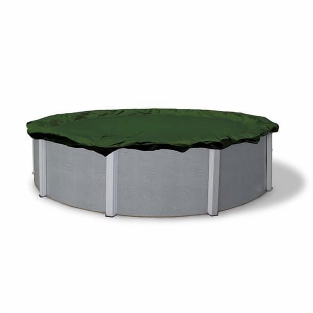 Blue Wave 12-Year Round Above-Ground Pool Winter Cover in dark green stretched over a round above-ground pool with grey metal supports, made from solid polyethylene with 10x10 scrim count, featuring a 4-ft overlap and metal grommets every 2 feet secured by vinyl-coated cable and metal winch, designed for winter protection and debris prevention.