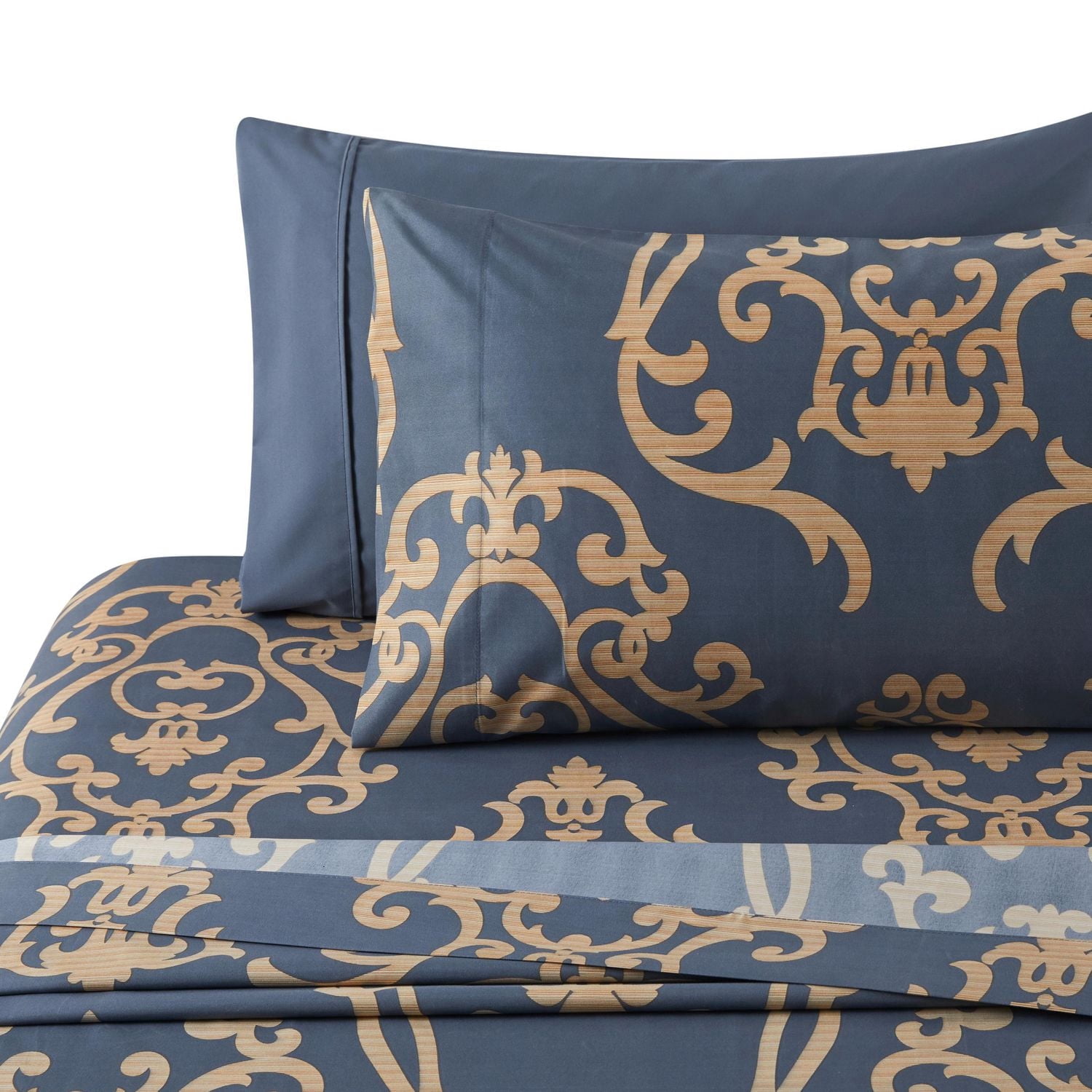 Literie Marina Décoration ultra douce et soyeuse, riche en soie et en rayonne de bambou, toutes saisons, avec taies d'oreiller, motif damassé doré et bleu marine
