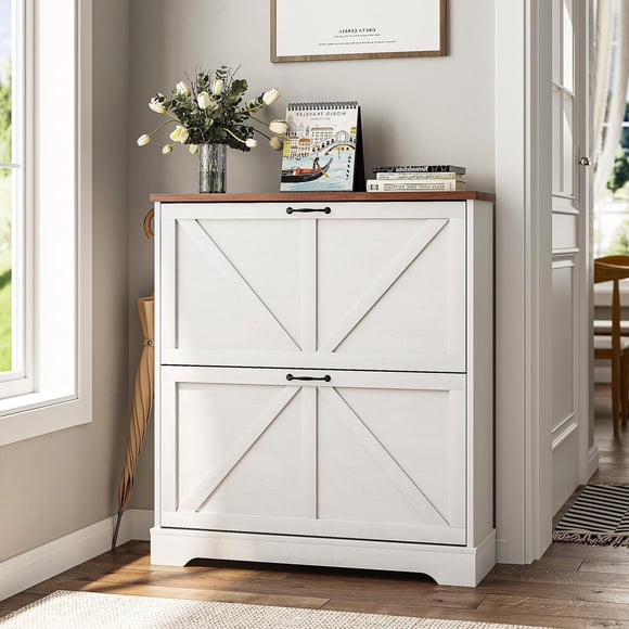 Semiocthome Armoire à Chaussures Style Ferme avec 2 Tiroirs Basculants, Armoire à Chaussures Étroite Autoportante pour Entrée, Blanc, 31,5 Pouces