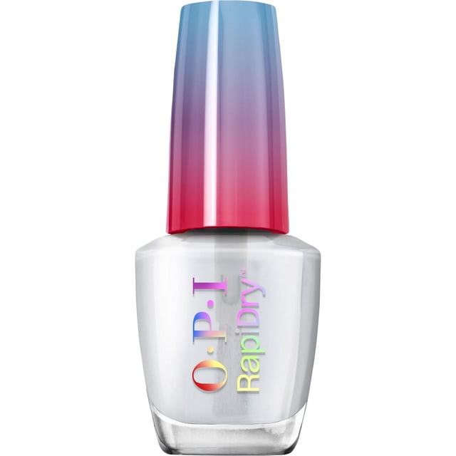 RapiDry™ Quick-Dry Nail Lacquer by OPI in a clear glass bottle with a blue-to-red gradient cap, featuring a holographic OPI logo and RapiDry text, designed for fast-drying, smudge-proof nail care with quick-dry lacquer technology.