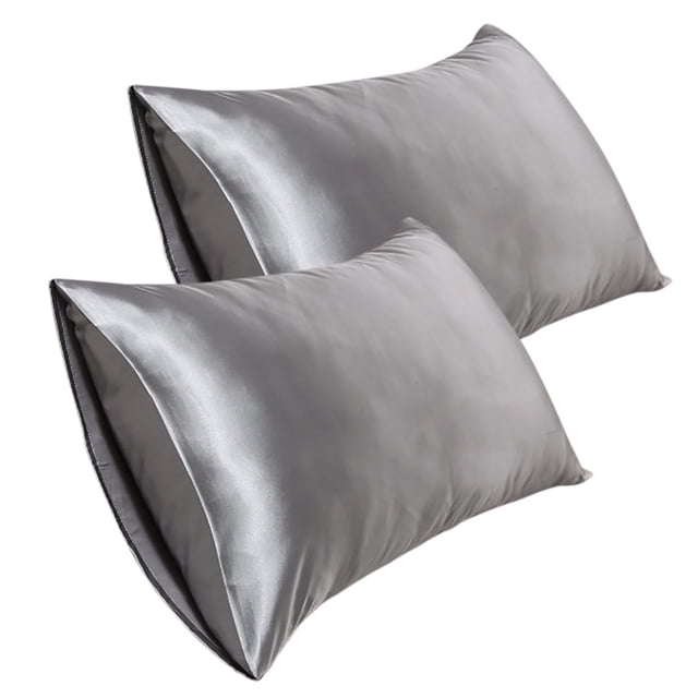Meitianfacai Satin Pillowcase for hair and skin, Silk Satin Pillowcase 2 Pack, Queen Size Pillow Cases Set of 2 in grey color, featuring a smooth polyester satin finish with an envelope closure design. Each pillowcase measures 20x30 inches and is designed to reduce hair frizz and skin wrinkles while providing a comfortable sleep experience. These pillowcases offer affordable luxury and are ideal for enhancing beauty sleep.