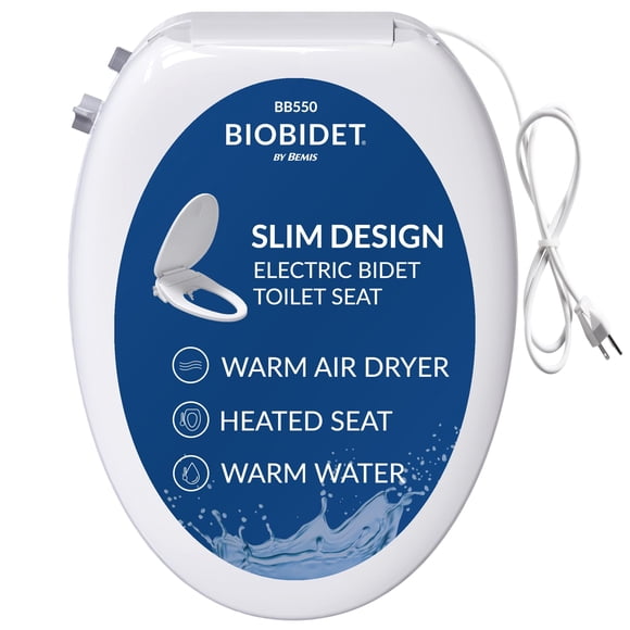 Bio Bidet BB550 Low Profile Electric Bidet Toilet Seat Warm Water Air Dryer Slim Heated Seat with Smart Sensor and Slow Close Lid Night Light Elongated and Six (6) Bidet Towels