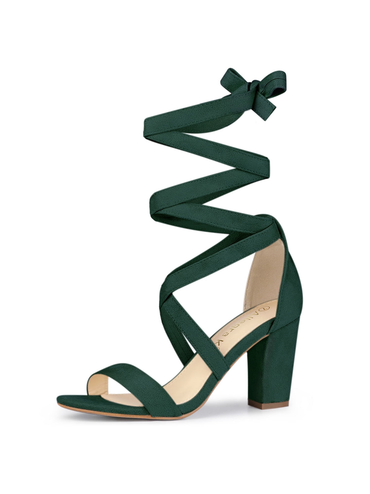 BLISSFUL STEP Women's Sandals Solid Color Mid Block Heels Lace up Sandals Green 9.5