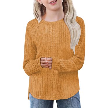 yoeyez Hoodies for Teen Girls Waffle Knit Preppy Hooded Sweatshirts Casual Long Sleeve Pullover Tops for Girls Solid Color Classic Sweatshirt with Pockets Yellow 11-12 Years