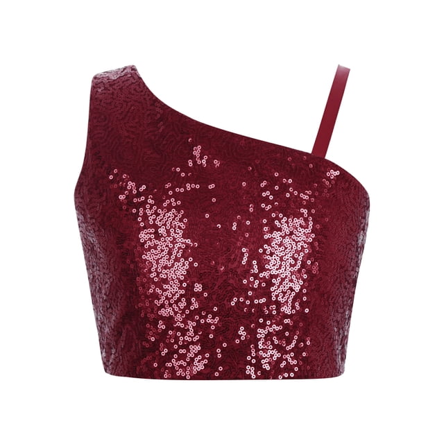 iixpin Girls Off Shoulder Tops Kids Sparkle Glitter Spaghetti Straps Pageant Crop Tank Top Burgundy 12