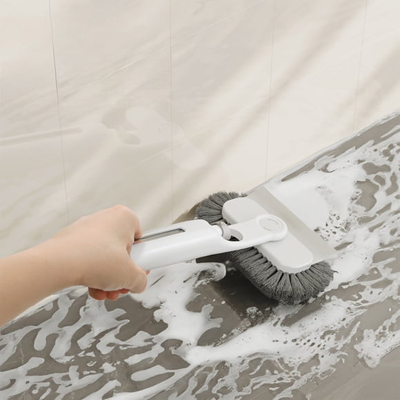 Bathroom Cleaning Brush with Squeegee Wiper and Scraper | Multifunctional Tile Grout Cleaning Tool | Rotating Scrub Brush for Shower Floor Wall Glass | Hard Bristle Long Handle Descaling