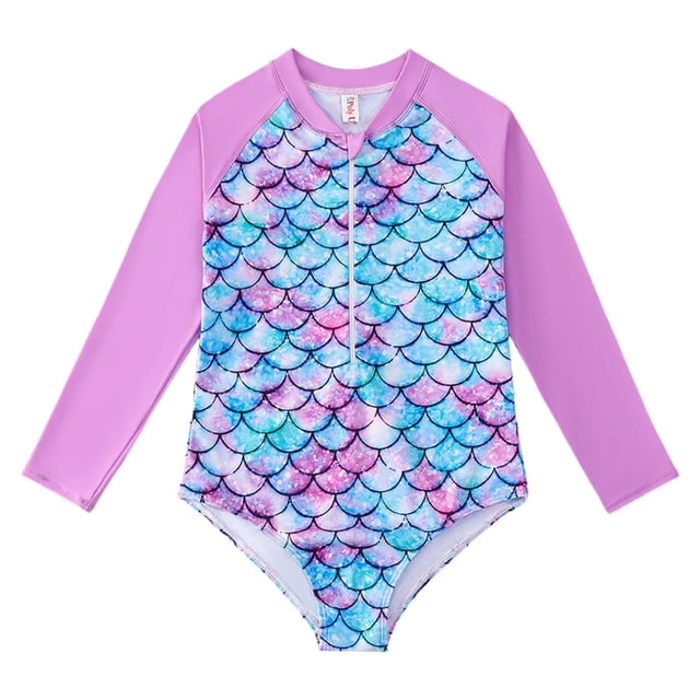 Kid Girl Bathing Suits Rash Guard Hawaiian Ruffle Sun Protection Long Sleeve Swimwear Bathing Suit 5-6 Years