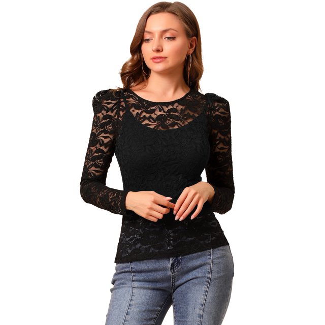 INSPIRE CHIC Women's Puff Long Sleeve Semi Sheer Floral Lace Tops