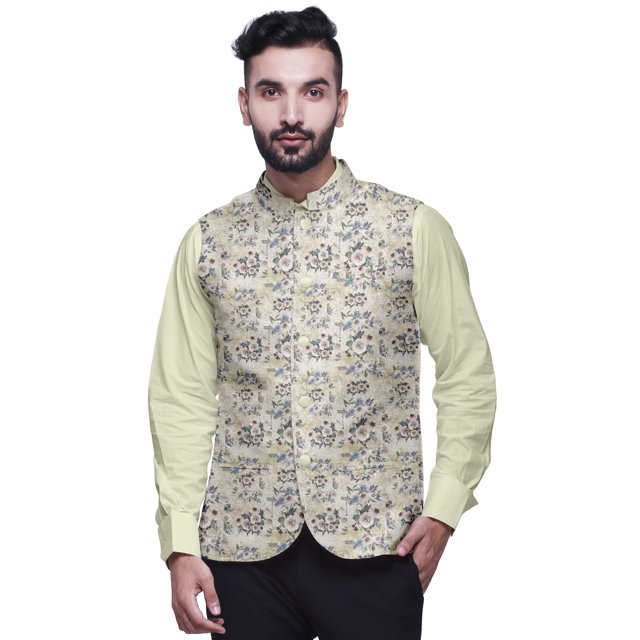 Atasi Floral Printed Wedding Jackets For Men Nehru Jacket Waist Coat For Festive Season-Large
