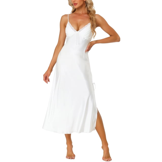 INSPIRE CHIC Nuisettes en Satin pour Femmes à Col en V, Chemise de Nuit Douce Robe de Pyjama Détente Longue en Taille P, Couleur Blanche. Cette Nuisette Sans Manches pour Femmes avec Bretelles spaghetti Ajustables, Décor à Plis Pincés et Encolure en V Flatteuse. Fabriquée en Tissu Satin 100 % polyester, Elle Est Légère, Respirante et Idéale pour les Vêtements de Nuit Ou de Détente au Printemps et en Été.