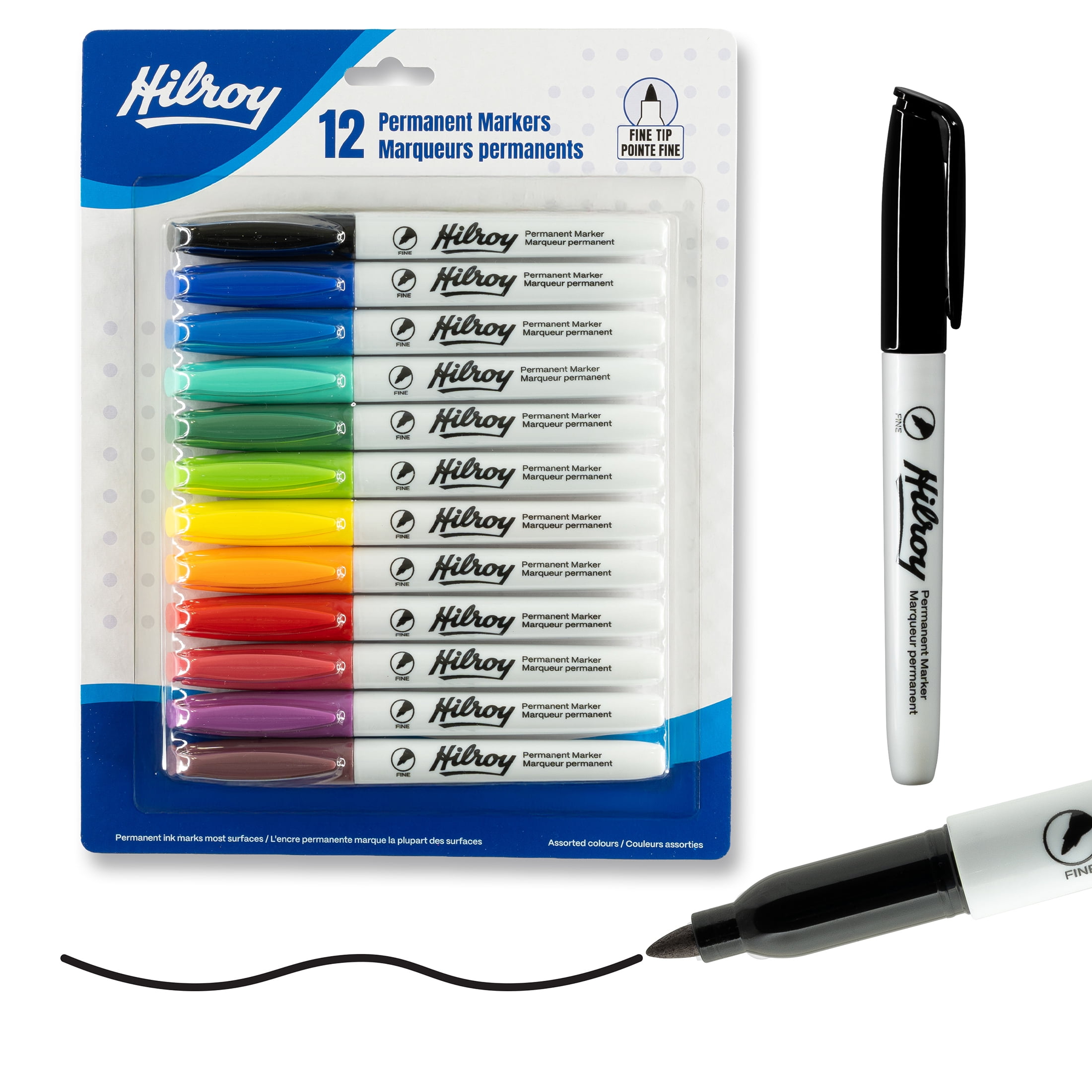 Hilroy Permanent Markers, Permanent Marker, Low Odour Ink, Fine Point, Assorted Colours, 12 Pack
