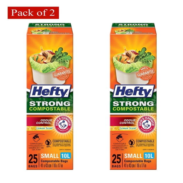 Hefty Strong Sacs à Déchets à Dessus Plat Compostables Petits 10 L, 25 Sacs (Lot de 2). l'Image Affiche Deux Boîtes de Sacs Compostables Hefty Strong avec ARM & HAMMER Parfum Citron Contrôle des Odeurs. Chaque Boîte Contient 25 Petits Sacs de 10 L, Convenant à la Collecte Municipale et au Compostage commercial. l'Emballage Met l'Accent sur la Neutralisation des Odeurs, la Fraîcheur du Parfum Citron et les certifications pour les Programmes de Compostage.