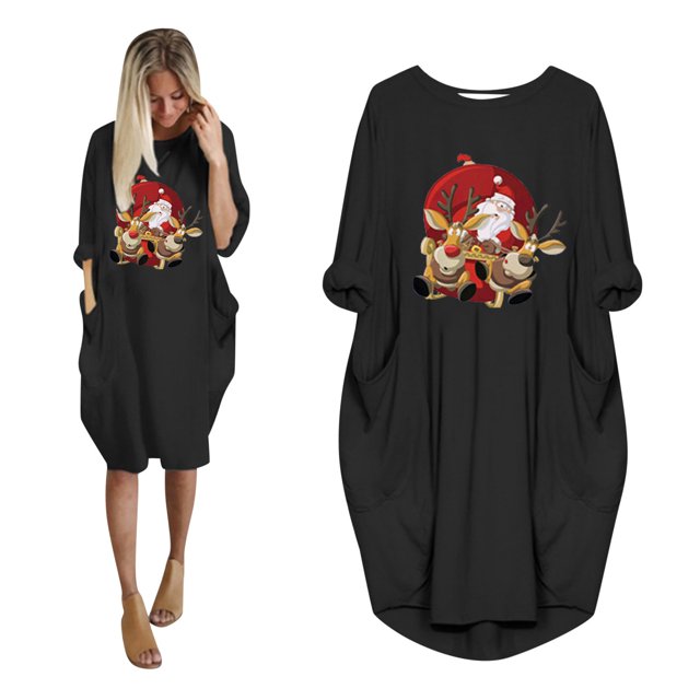 Styesk Robes pour Femmes la Mode Robe d'Hiver pour Femmes Grande Taille Ample avec Poches Robe de Noël Imprimée