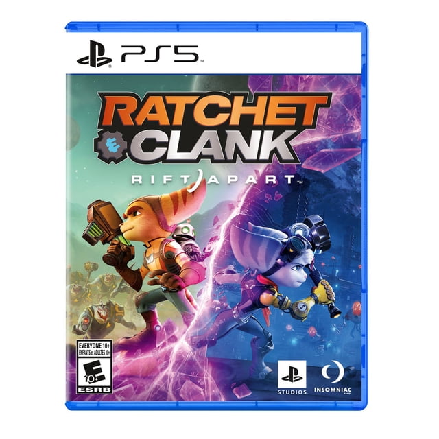 Ratchet & Clank: Rift Apart PlayStation 5 game cover featuring Ratchet holding a large weapon on the left with a greenish background and Clank on the right in a blue and purple sci-fi environment, separated by a glowing dimensional rift.