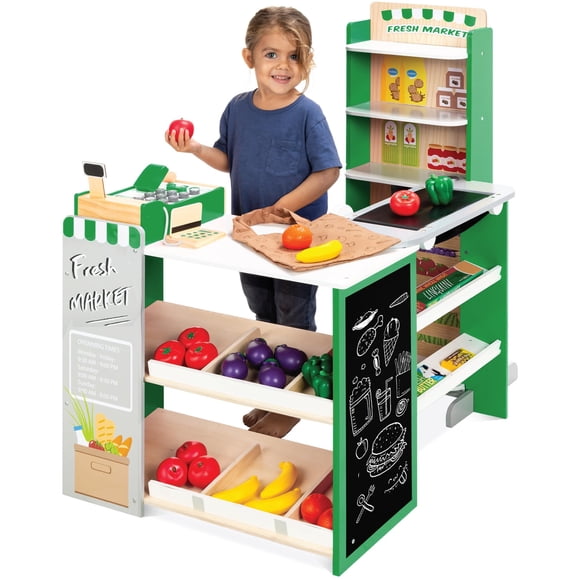 Best Choice Products Ensemble de Jouets en Bois pour Supermarché d'Épicerie pour Jeu d'Imitation pour Enfants avec Aliments de Jeu, Tableau Noir, Caisse Enregistreuse, Convoyeur Fonctionnel - Vert